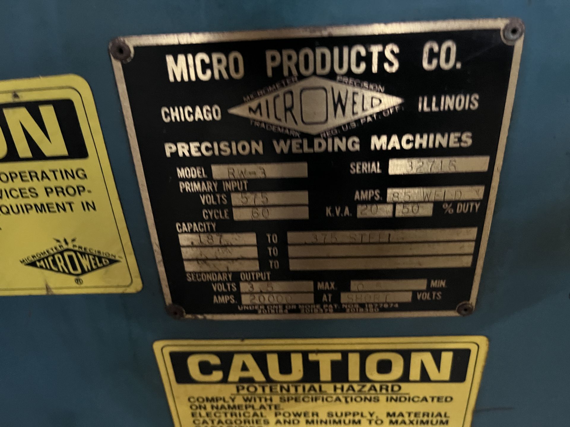 MICRO PRODUCTS RW-3 PRECISION SPOT WELDER, 20 KVA, S/N 32716 (RIGGING FEE $100) - Image 4 of 4