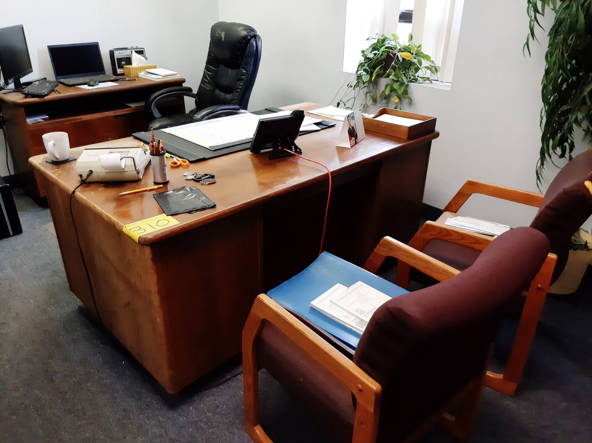 DESK, CREDENZA, (3) CHAIRS