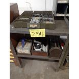 TABLE W/ HARDWARE, CHAIN AND 3-DRAWER FILE CABINET, BAR FRIDGE