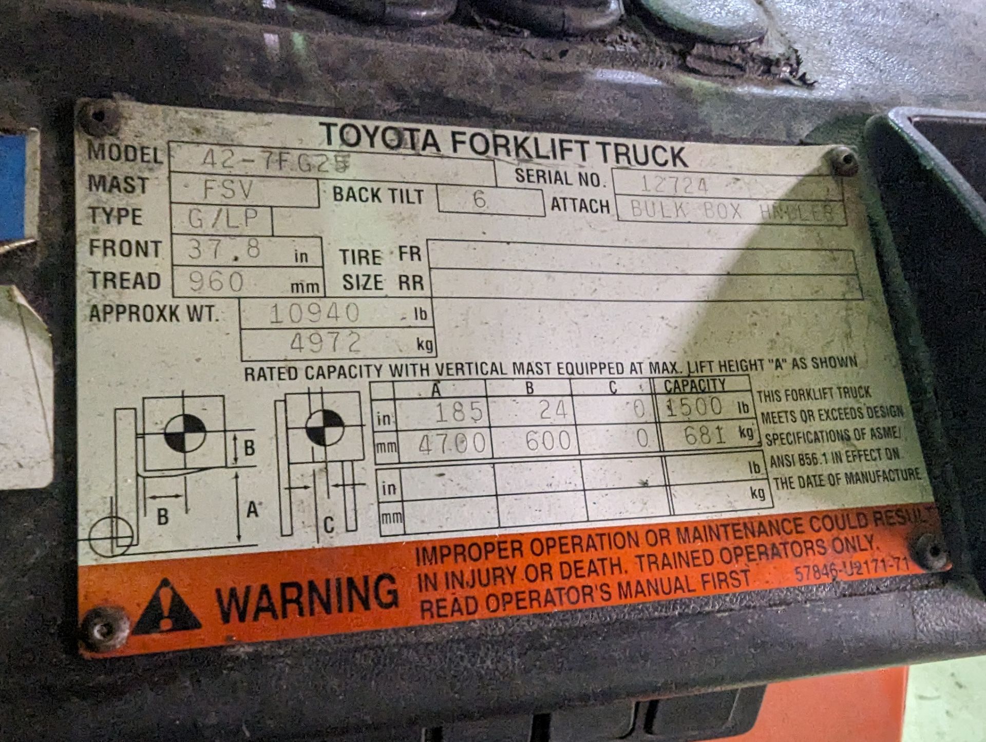 TOYOTA 42-7FG25 PROPANE FORKLIFT, 4,700LB CAP., 185” MAX LIFT, 3-STAGE MAST, SIDE SHIFT, OUTDOOR - Image 2 of 5