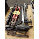 LOT OF LARGE HAND TOOLS, SLEDGE HAMMER, BOLT CUTTER, LEVEL, PRY BAR, SQUARES, ETC.