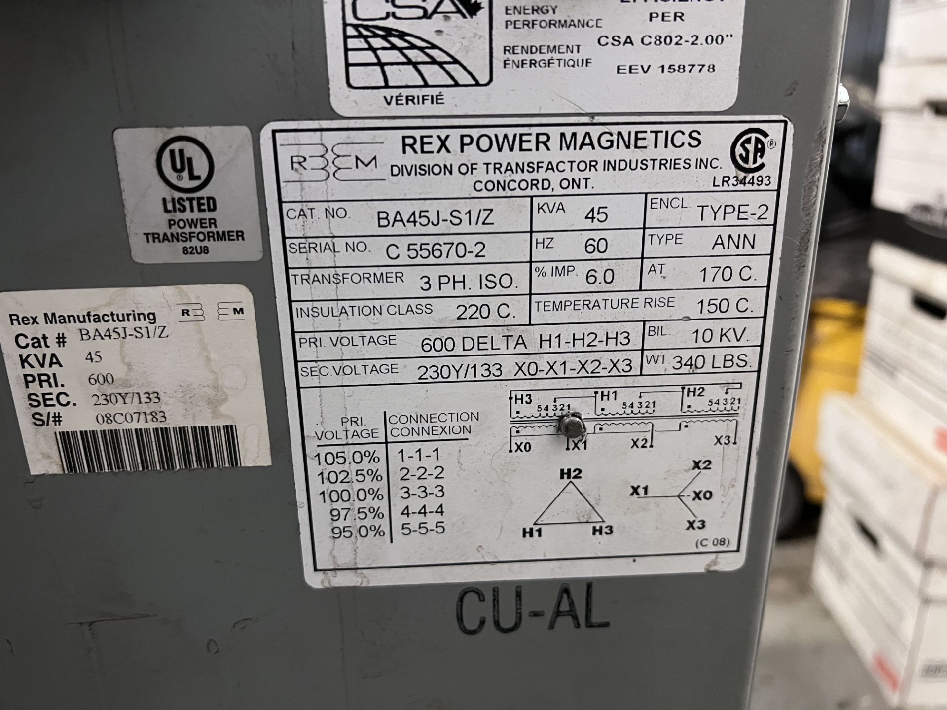 REX POWER MAGNETICS 45KVA 600V TRANSFORMER (RIGGING FEE $85) - Image 2 of 2