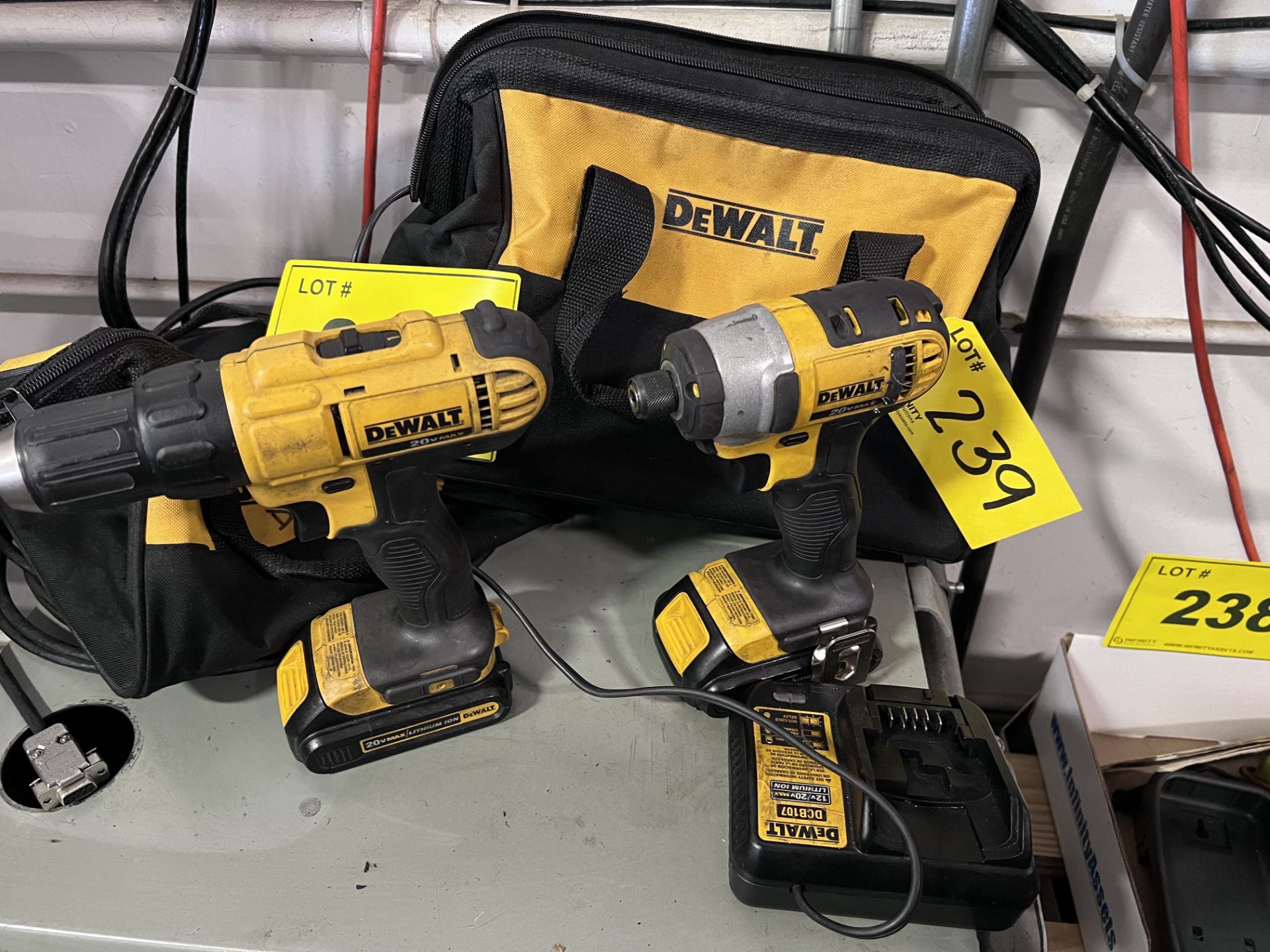 DEWALT IMPACT DRIVER, DRILL, CHARGER, (2) 20V BATTERIES AND CASE