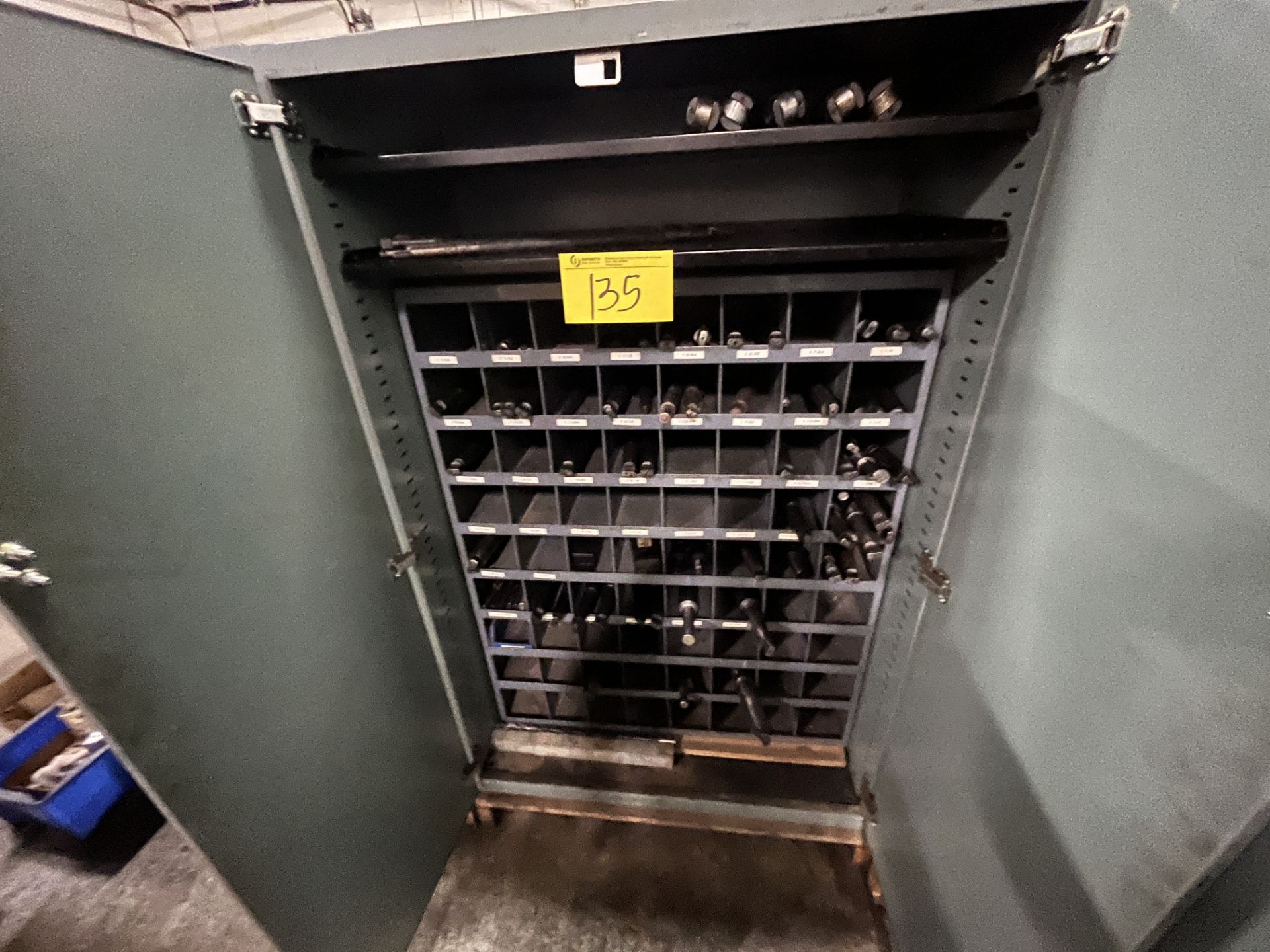 SUNAR HAUSERMAN TOOL CABINET W/ 72-SLOT PIGEON HOLE CABINET, CONTENTS, DRILL BITS, ETC.