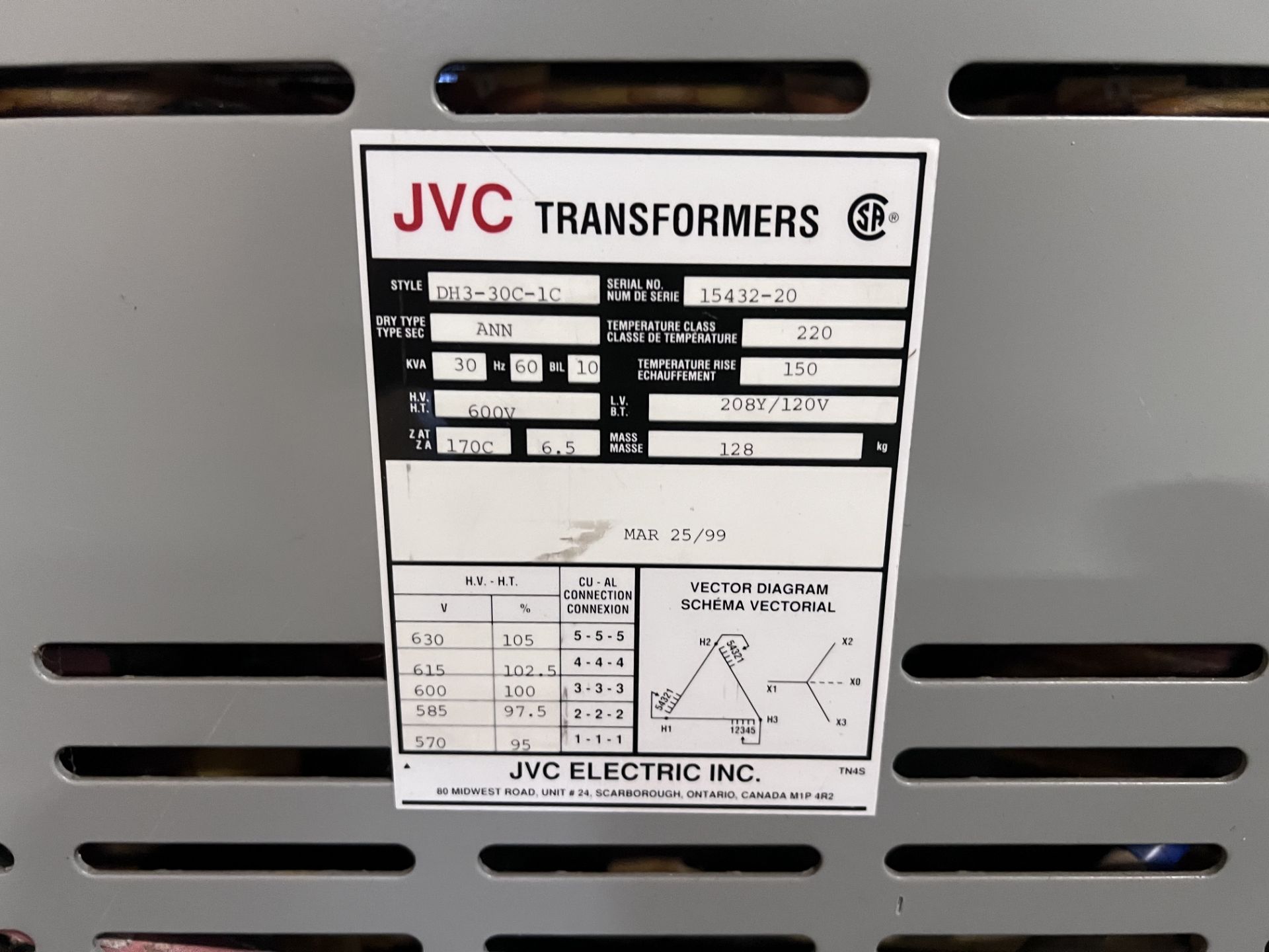 JVC 30KVA 600V TRANSFORMER (RIGGING FEE $85) - Image 3 of 3
