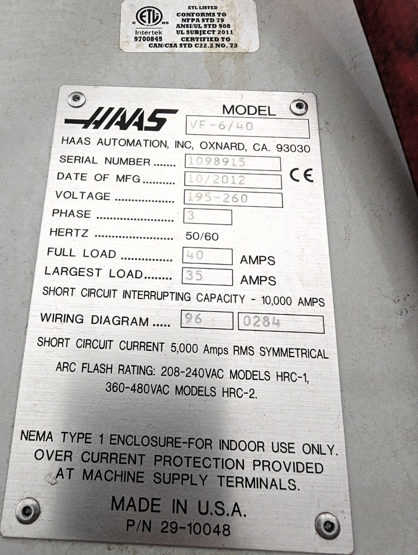 2012 HAAS VF6/40 CNC VERTICAL MACHINING CENTER, CNC CONTROL, 24” X 60” TABLE, 40 TAPER, 10,000 RPM - Bild 17 aus 25