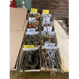 LOT OF (8) BOXES OF C-CLAMPS, WRENCHES, GEAR PULLERS, OIL CANS, HAMMERS