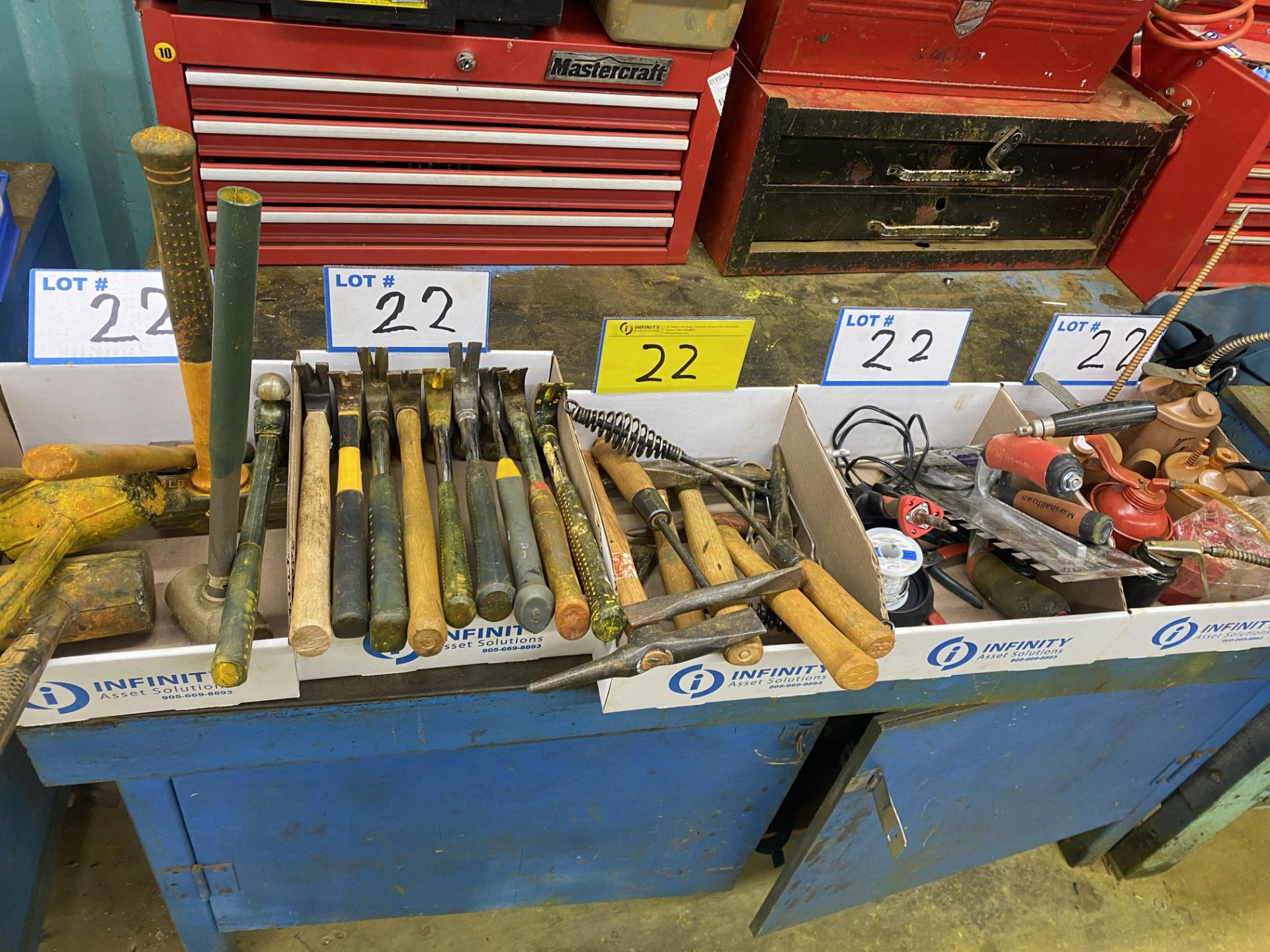 LOT OF (6) BOXES OF HAMMERS, MALLOTS, OIL CANS, SOLDERING GUN, WELDING TOOLS, ELECTRICAL DRIVERS