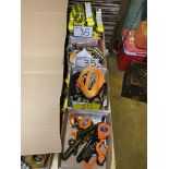 LOT OF (5) BOXES OF JET 1/2-TON CAP. LEVER CHAIN HOISTS, STRAPS, 1-TON CAP. CHAIN HOIST PULLER,