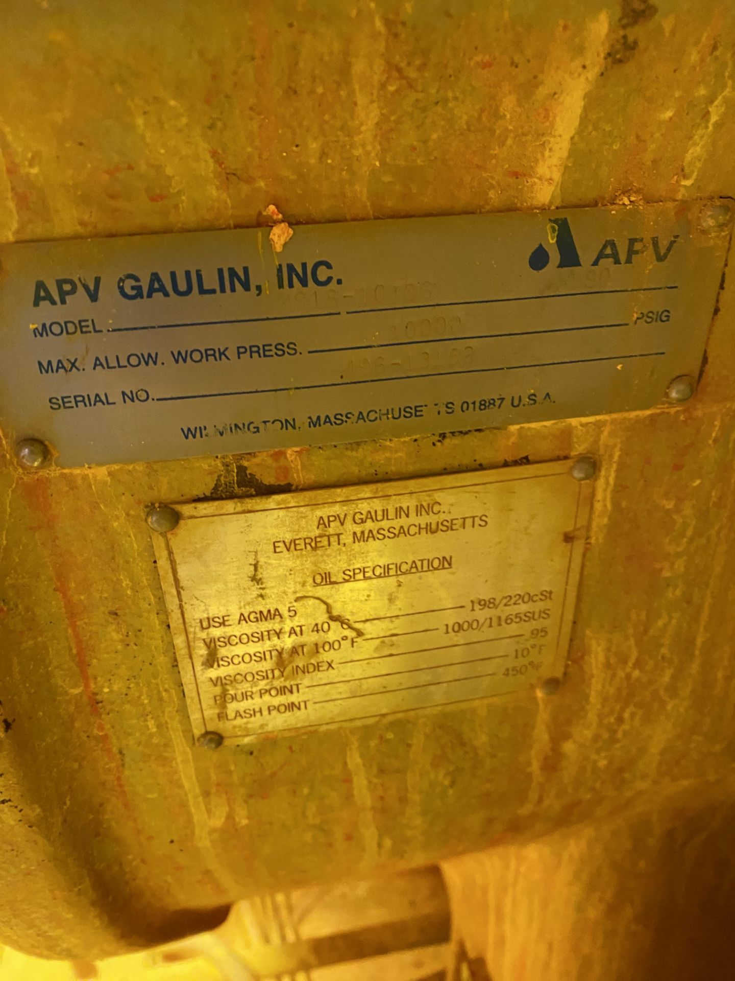 APV GAULIN MODEL MS18-10TBS, 10,000 MAX ALLOW WORK PRESS, S/N 496-13152 W/ LARGE MOTOR SPECS, N/A ( - Image 3 of 3