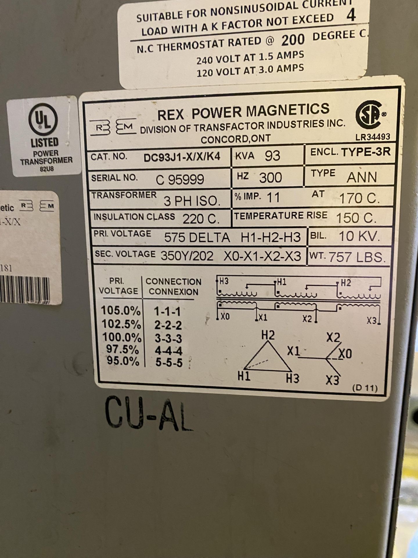 REX POWER MAGNETICS TRANSFORMER, 93KVA, 575V TO 350/202V (RIGGING FEE $75 USD) - Image 3 of 3