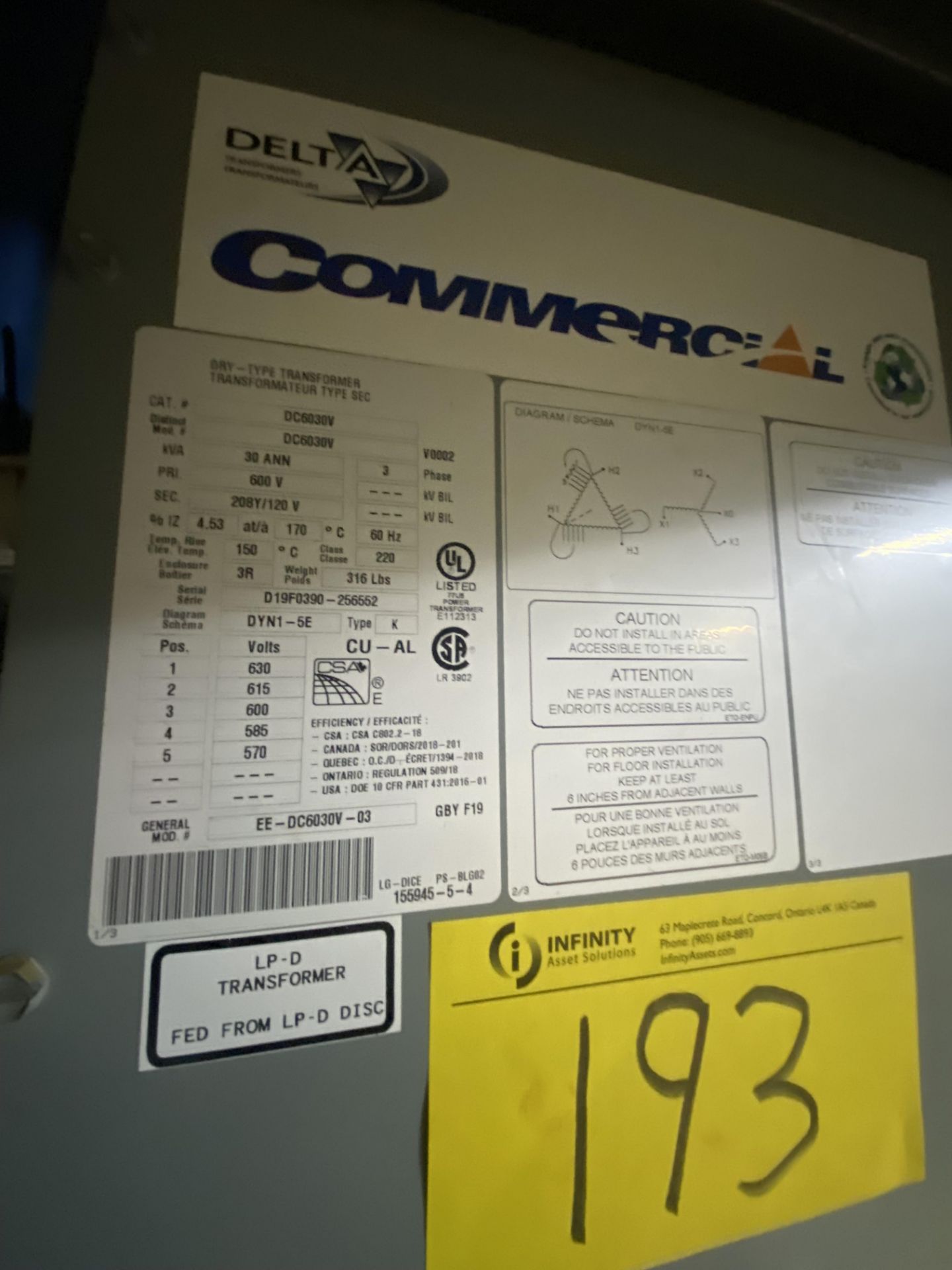 DELTA COMMERCIAL TRANSFORMER, 30KVA, 600V TO 208/120V (2ND FLOOR) (RIGGING FEE $75 USD) - Image 2 of 2