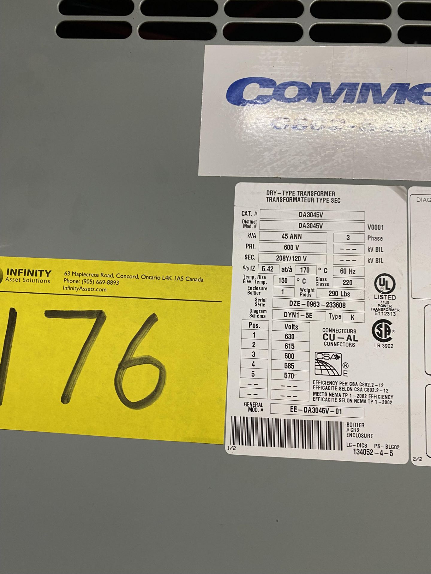DELTA COMMERCIAL C802 SERIES TRANSFORMER, 45KVA, 600V TO 208/120V (RIGGING FEE $75 USD) - Image 2 of 2