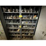 LOT OF SHELVING UNITS W/ PARTS BINS INCLUDING PIPE FITTINGS