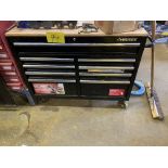HUSKY 9-DRAWER WOOD TOP TOOL CHEST ON CASTORS W/ 4" BENCH VISE (NO CONTENTS)