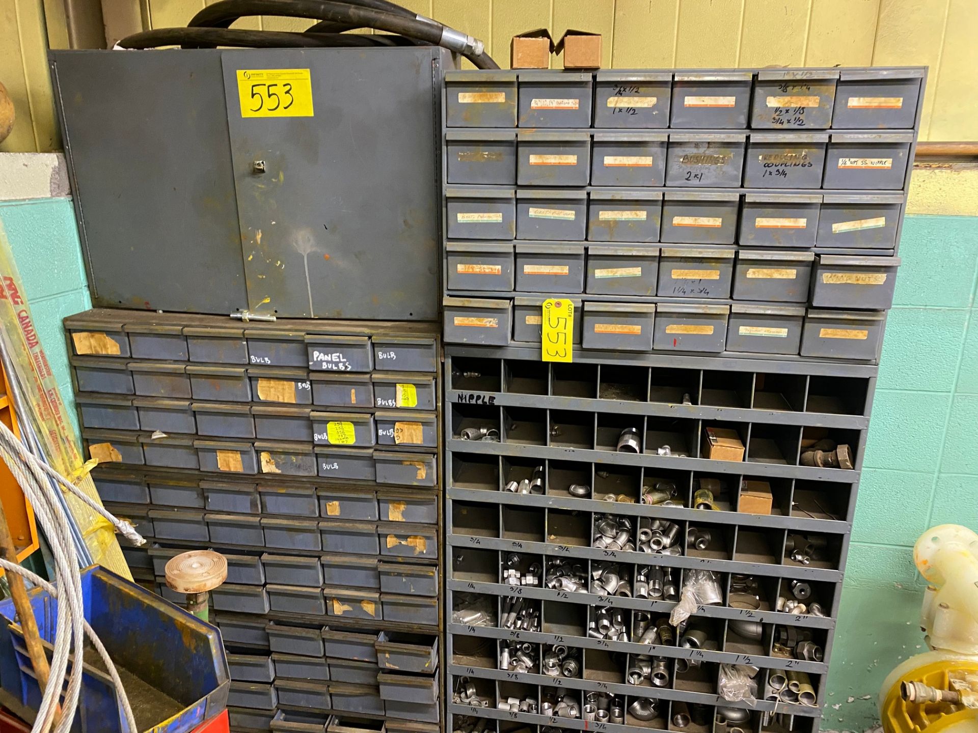 LOT OF (4) CABINETS W/ PIPE FITTINGS, STAINLESS, FASTENERS, PROPANE CYLINDERS, HYDRAULIC HOSE