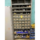 SHELVING UNIT W/ 11-LEVELS AND PARTS BINS W/ ELECTRICAL CONNECTORS, SPRING BLOCKS, CLAMPS, HARDWARE,