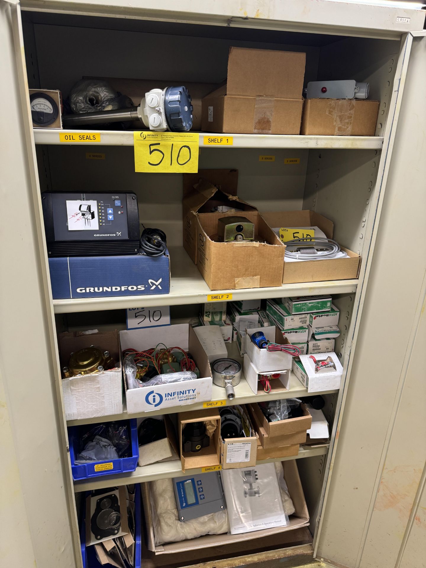 LOT OF (2) 2-DOOR METAL CABINETS W/ HELMETS, MASKS, ELECTRONICS, FLOW METER, GAUGES - Image 4 of 10