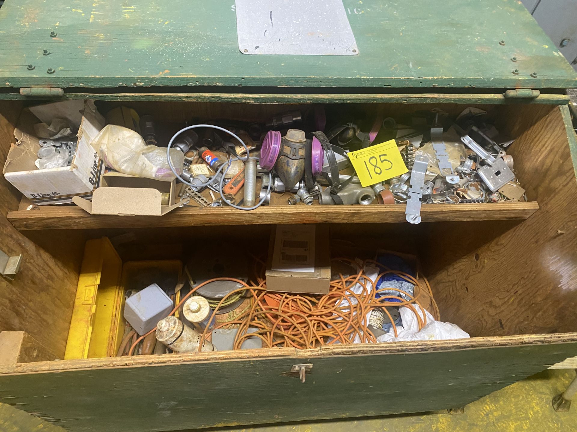 ELECTRICAL JOB BOX W/ CONTENTS, LADDER, FUSE BINS STORAGE RACK / FUSES, WALL MOUNTED PARTS CABINET - Image 2 of 7