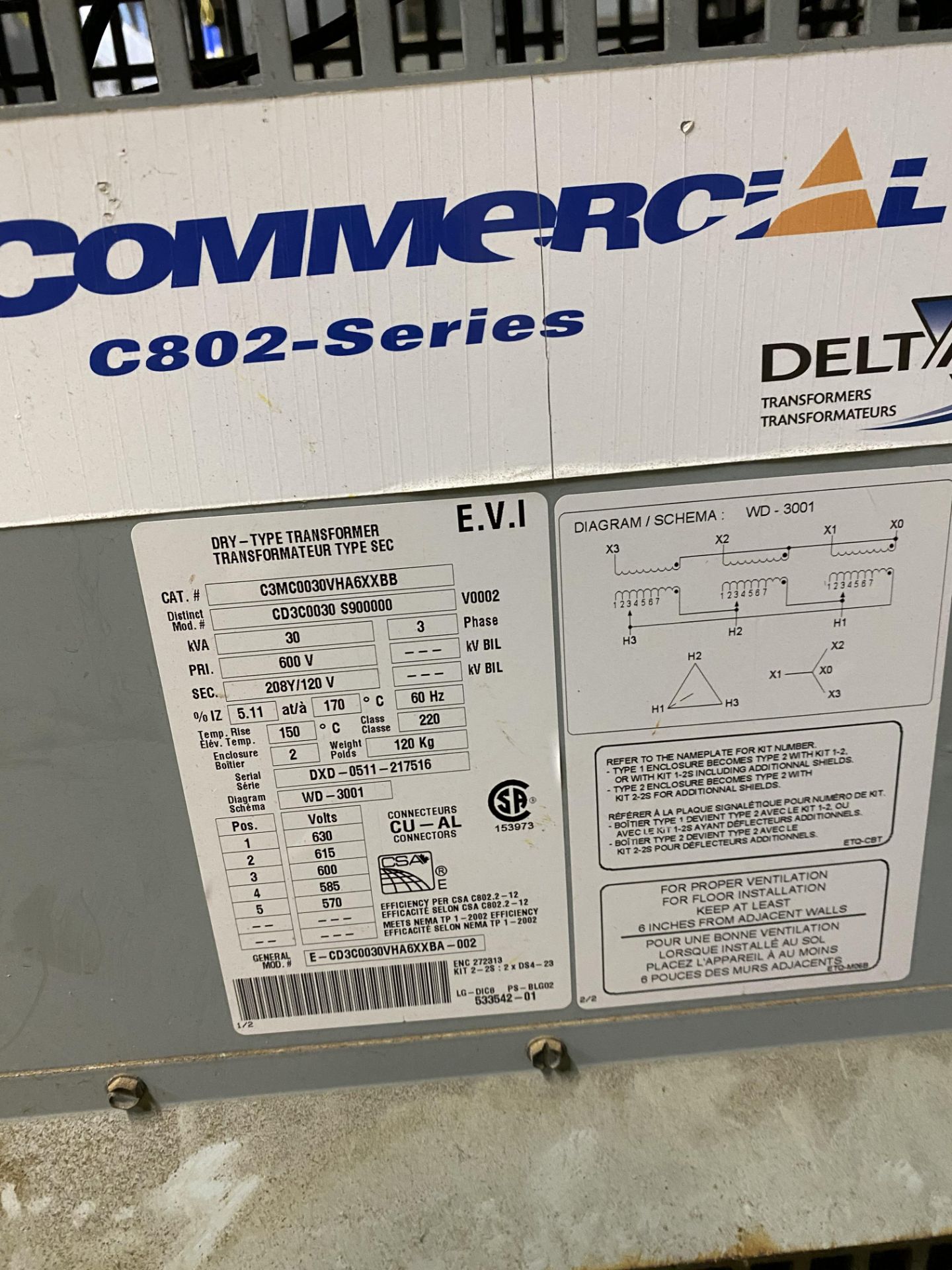 DELTA COMMERCIAL C802 SERIES TRANSFORMER, 30KVA, 600V TO 208/120V (RIGGING FEE $75 USD) - Image 2 of 2