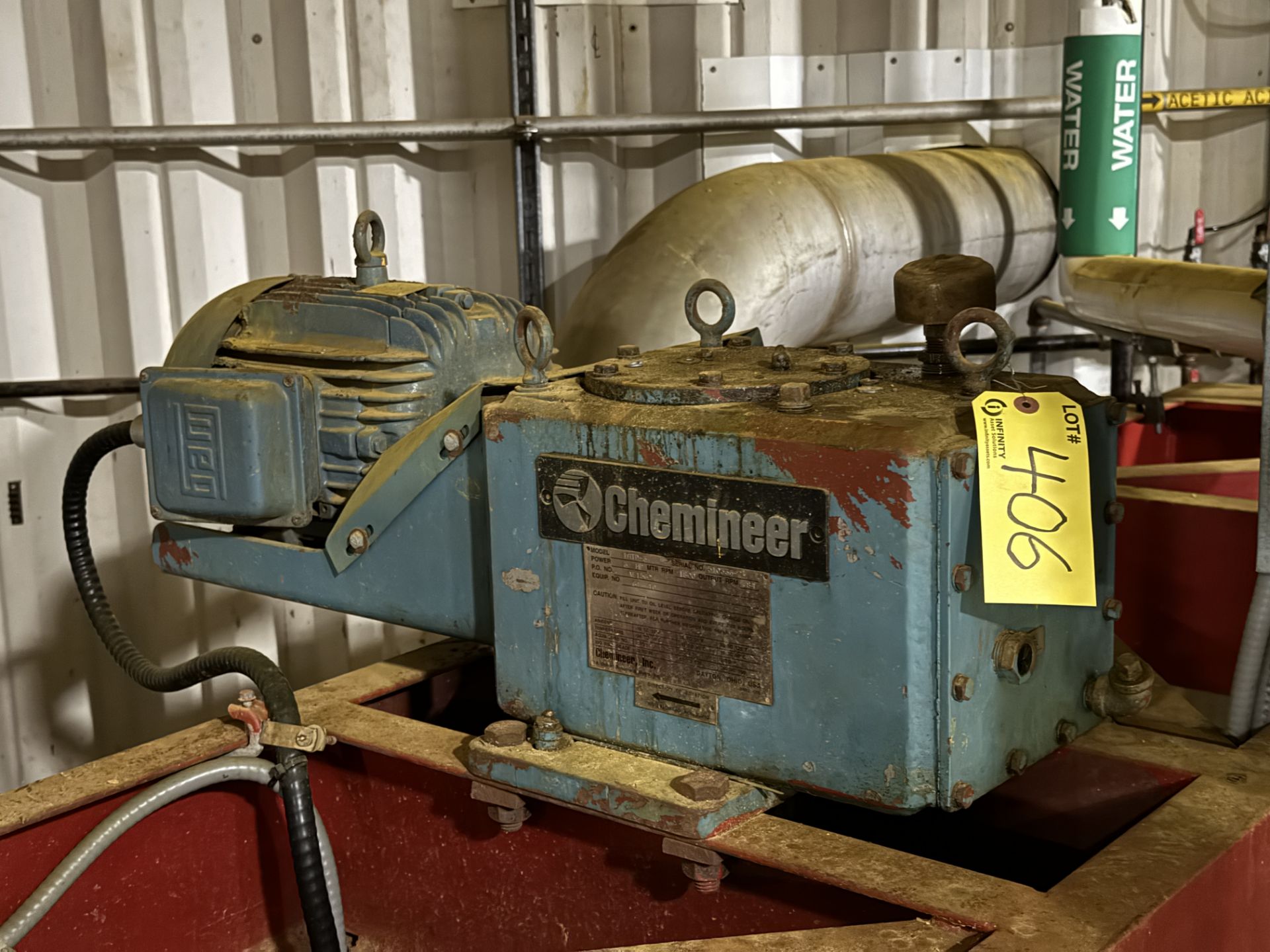 WEG 3HP MOTOR, CHEMINEER AGITATOR, GEARBOX (RIGGING FEE $275 USD)