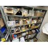 2-SECTION SHELVING UNIT W/ ALLEN BRADLEY PARTS, HONEYWELL, BRISK HEAT, FLUIDWEN, ETC.