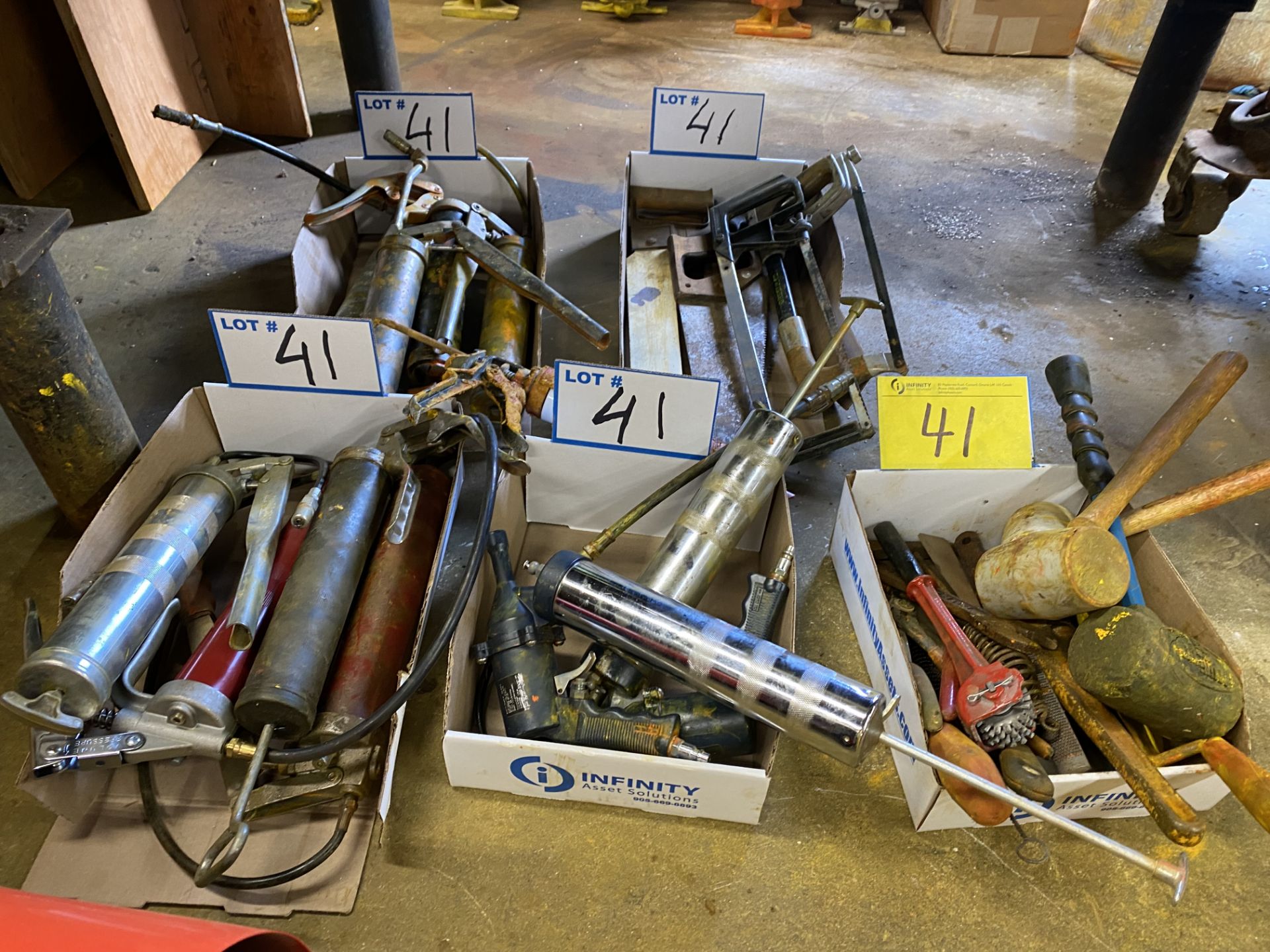 LOT OF GREASE GUNS, SAWS, MALLOTS