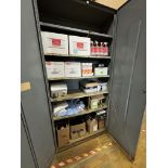 2-DOOR METAL STORAGE CABINET, APPROX. 8'H W/ SAFETY SUPPLIES AND CLEANERS