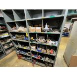 METAL STORAGE RACK, 2-SECTIONS W/ VALVE COMPONENTS, BEARINGS, PUMP IMPELLERS, ETC.