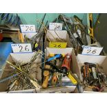 LOT OF (6) BOXES OF HACK SAWS, CLAMPS, ALLEN KEYS, FILES, BRASS BARS, HAND SCREW PULLERS