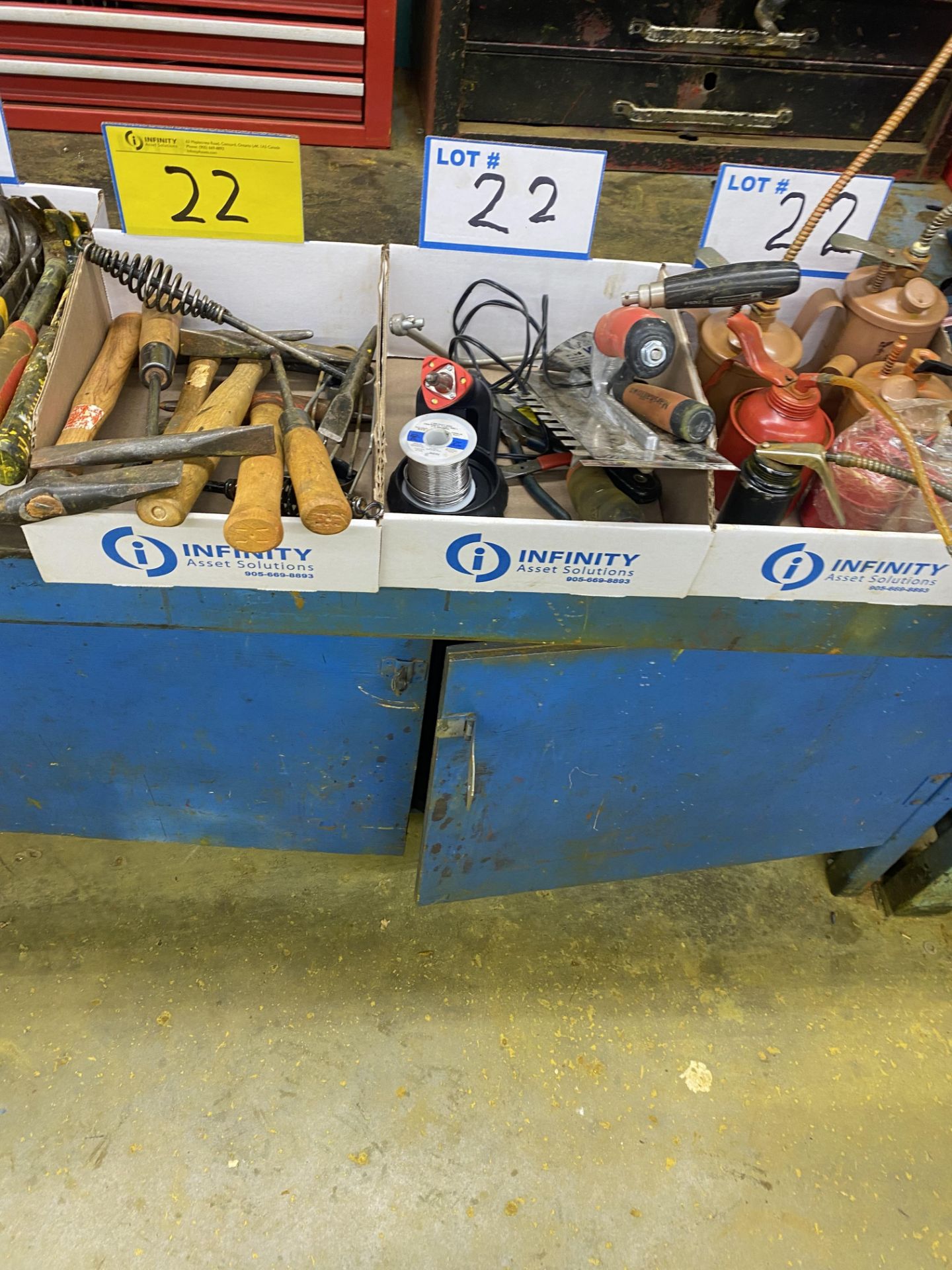 LOT OF (6) BOXES OF HAMMERS, MALLOTS, OIL CANS, SOLDERING GUN, WELDING TOOLS, ELECTRICAL DRIVERS - Image 3 of 3