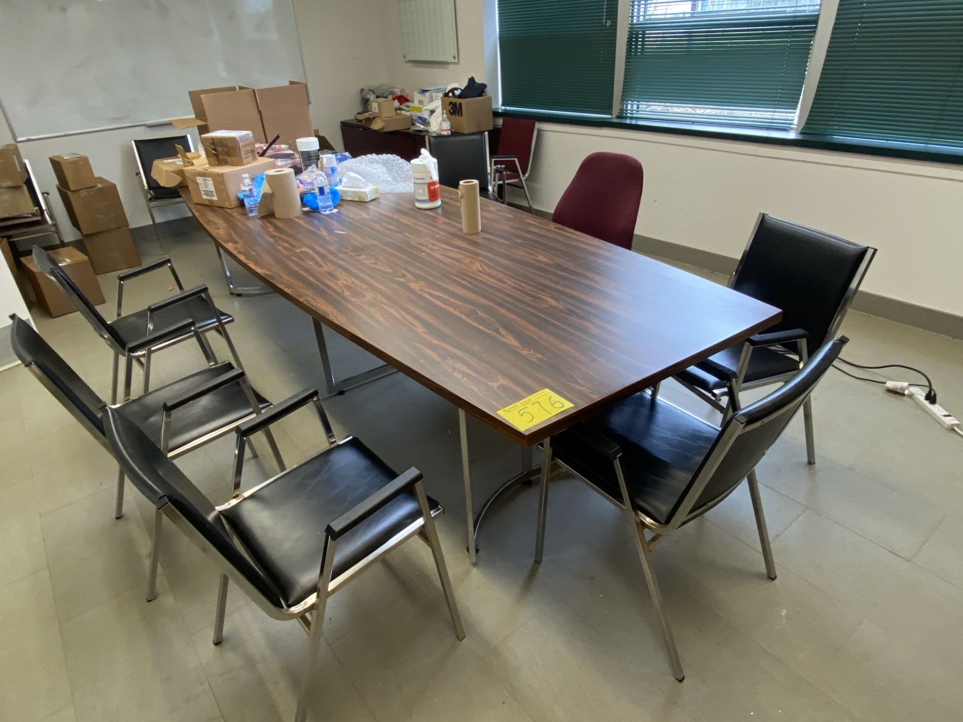 12' CONFERENCE TABLE, (3) CREDENZAS, (13) CHAIRS, (2) LARGE WHITEBOARDS, (1) SMALL WHITEBOARD