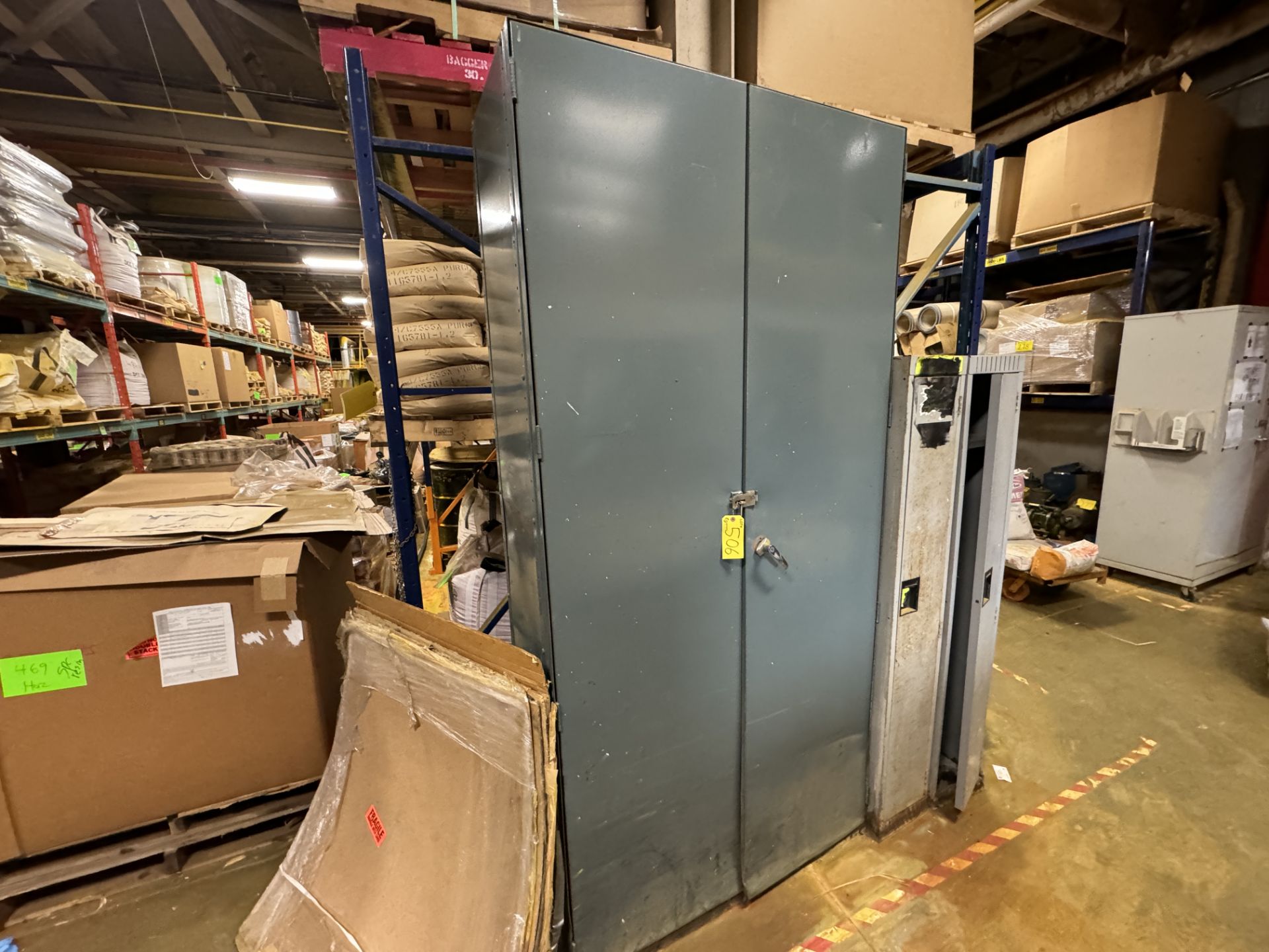2-DOOR METAL STORAGE CABINET, APPROX. 8'H W/ SAFETY SUPPLIES AND CLEANERS - Image 2 of 2