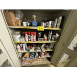 PORTABLE 2-DOOR METAL CABINET W/ MAINTENANCE SUPPLIES, SILICONE, LUBRICANTS, GLOVES, TAPE, HYDRAULIC