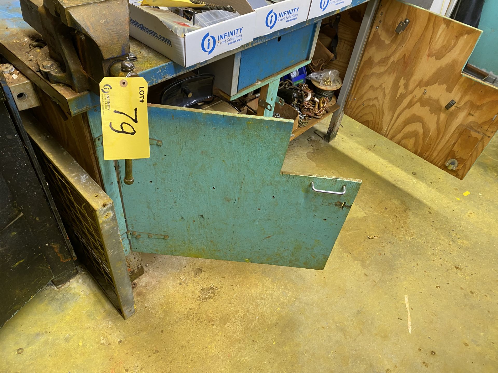LOT OF (2) WORKBENCH CABINETS W/ 6" VISES AND CABINET LEVEL CONTENTS (TOOLS, CHAINS, PARTS) AND 4- - Image 2 of 3