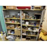 LOT OF (2) METAL SHELVING UNITS W/ PARTS INCLUDING BALLASTS, VALVES, FILTER HOUSING, METERS, FILERS,