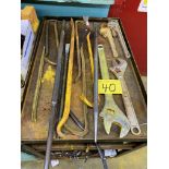 LOT OF PRY BARS, PIPE WRENCHES, ADJUSTABLE WRENCHES