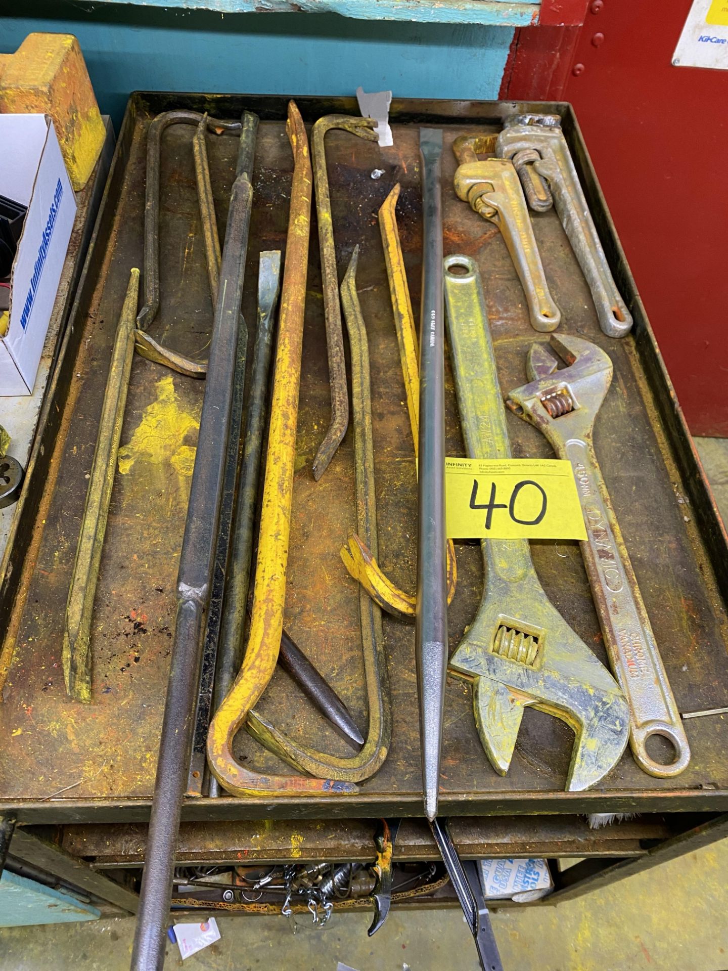 LOT OF PRY BARS, PIPE WRENCHES, ADJUSTABLE WRENCHES