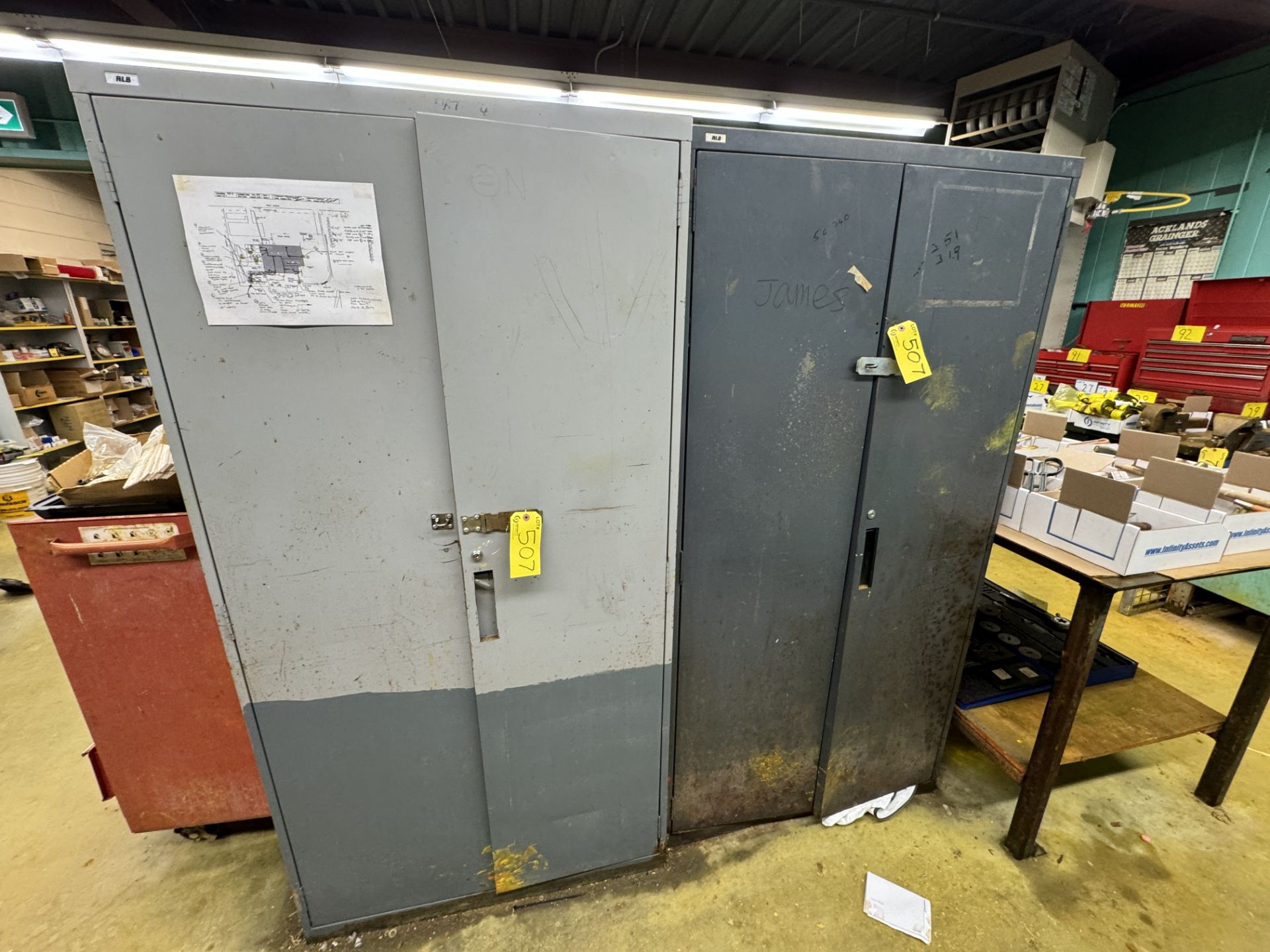 LOT OF (2) 2-DOOR METAL CABINETS W/ SAFETY SUPPLIES, MASKS, GLOVES, FILTERS - Image 3 of 4