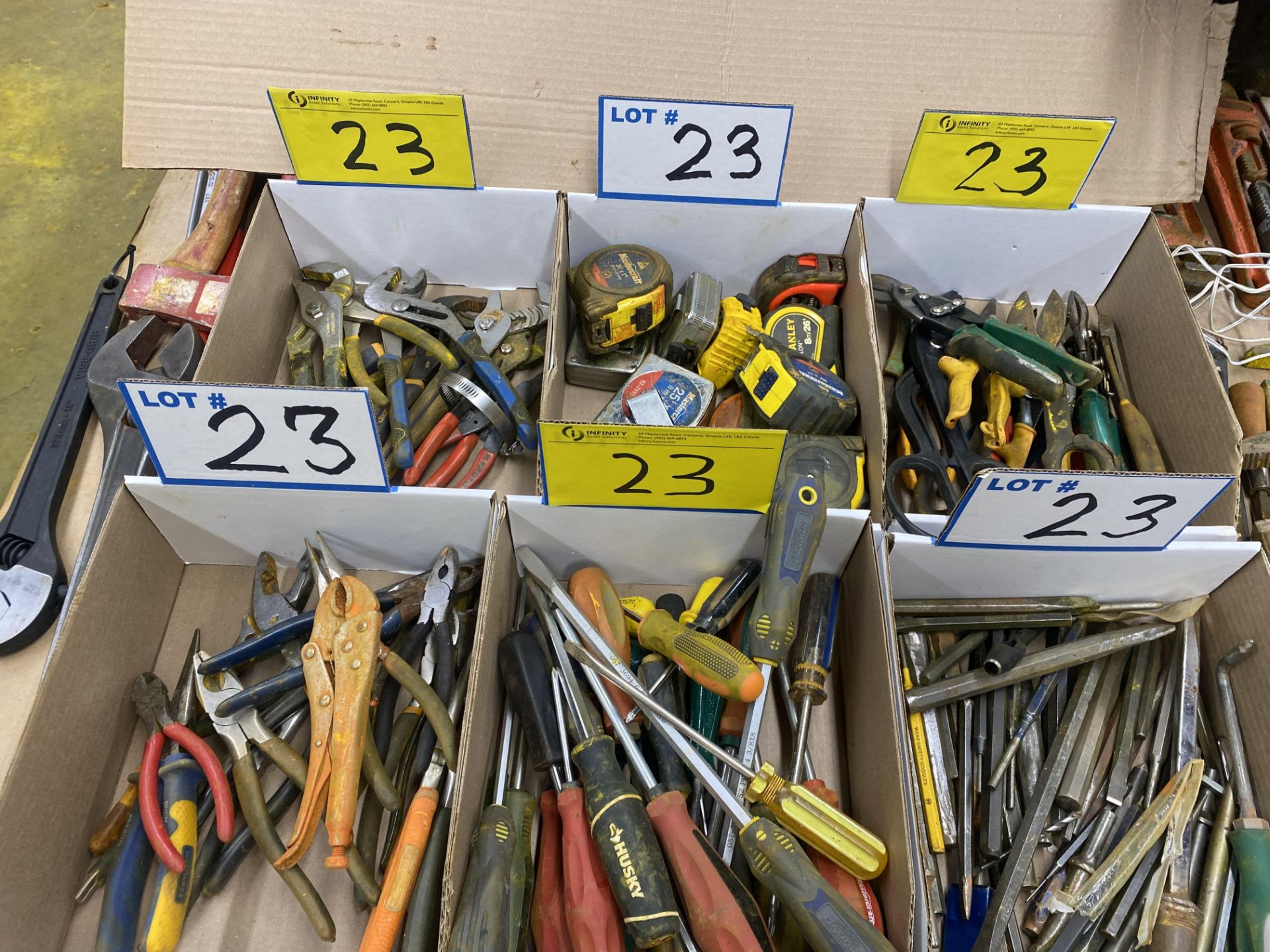 LOT OF (6) BOXES OF PLIERS, DRIVERS, CHANNEL LOCKS, MEASURING TAPES, PUNCHES, CUTTERS