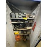 2-DOOR METAL CABINET W/ ELECTRICAL PARTS, CABLES, SWITCH BOXES, ETC.