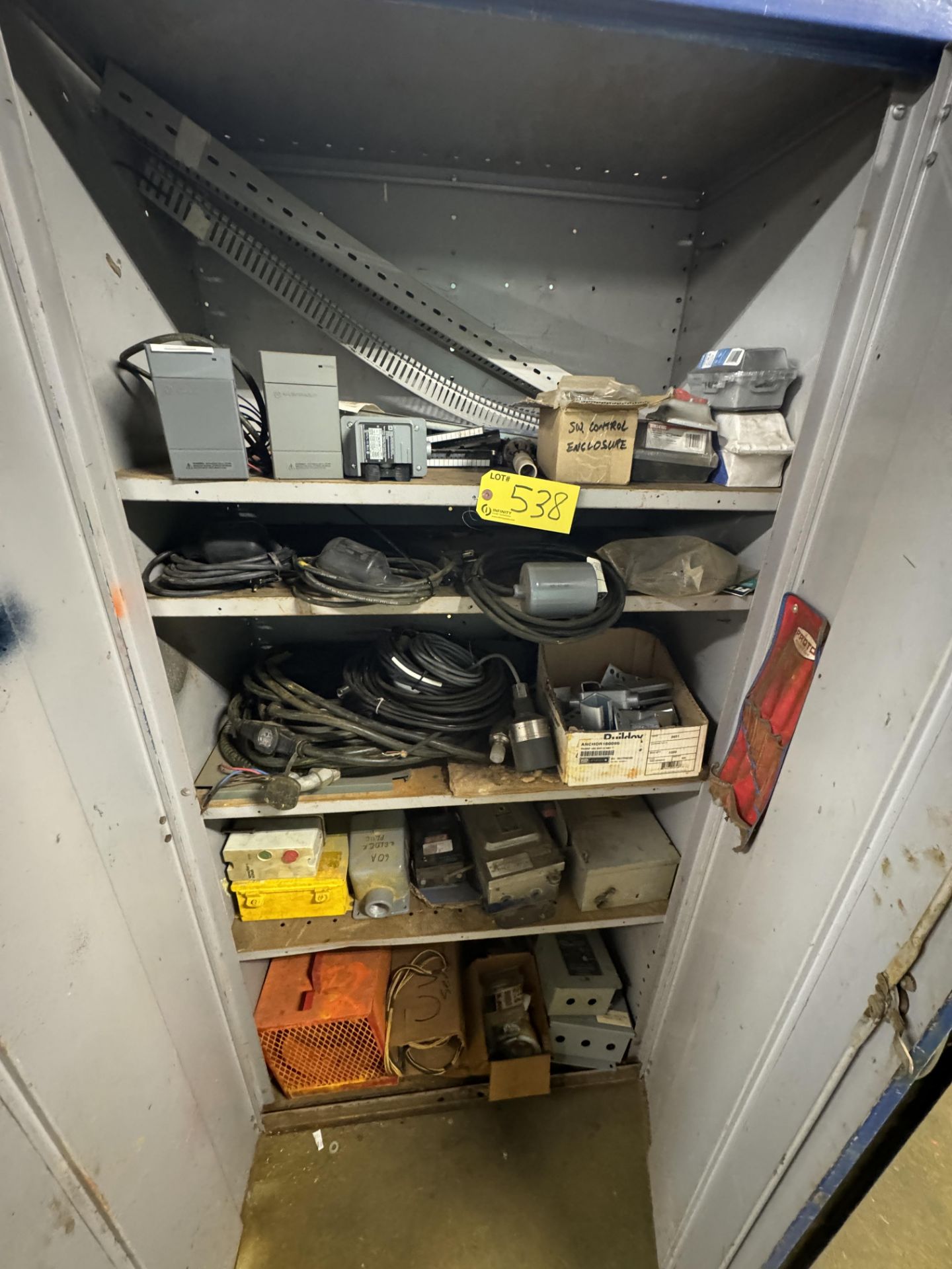 2-DOOR METAL CABINET W/ ELECTRICAL PARTS, CABLES, SWITCH BOXES, ETC.