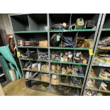 METAL STORAGE RACK, 2-SECTION W/ HYDRAULIC HOSES, VALVES, PLUMBING PARTS, COILS, COUNTER BALANCES,