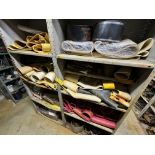 METAL STORAGE RACK, 2-SECTIONS W/ RUBBER SUPPLIES, PIPE CONNECTS, ETC.