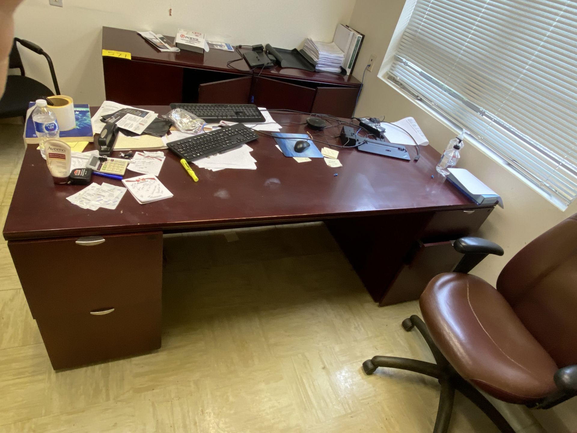 OFFICE SUITE INCLUDING LEATHER CHAIR, DESK, CREDENZA, (2) CABINETS, WHTIEBOARD CABINET, (2) - Image 2 of 3