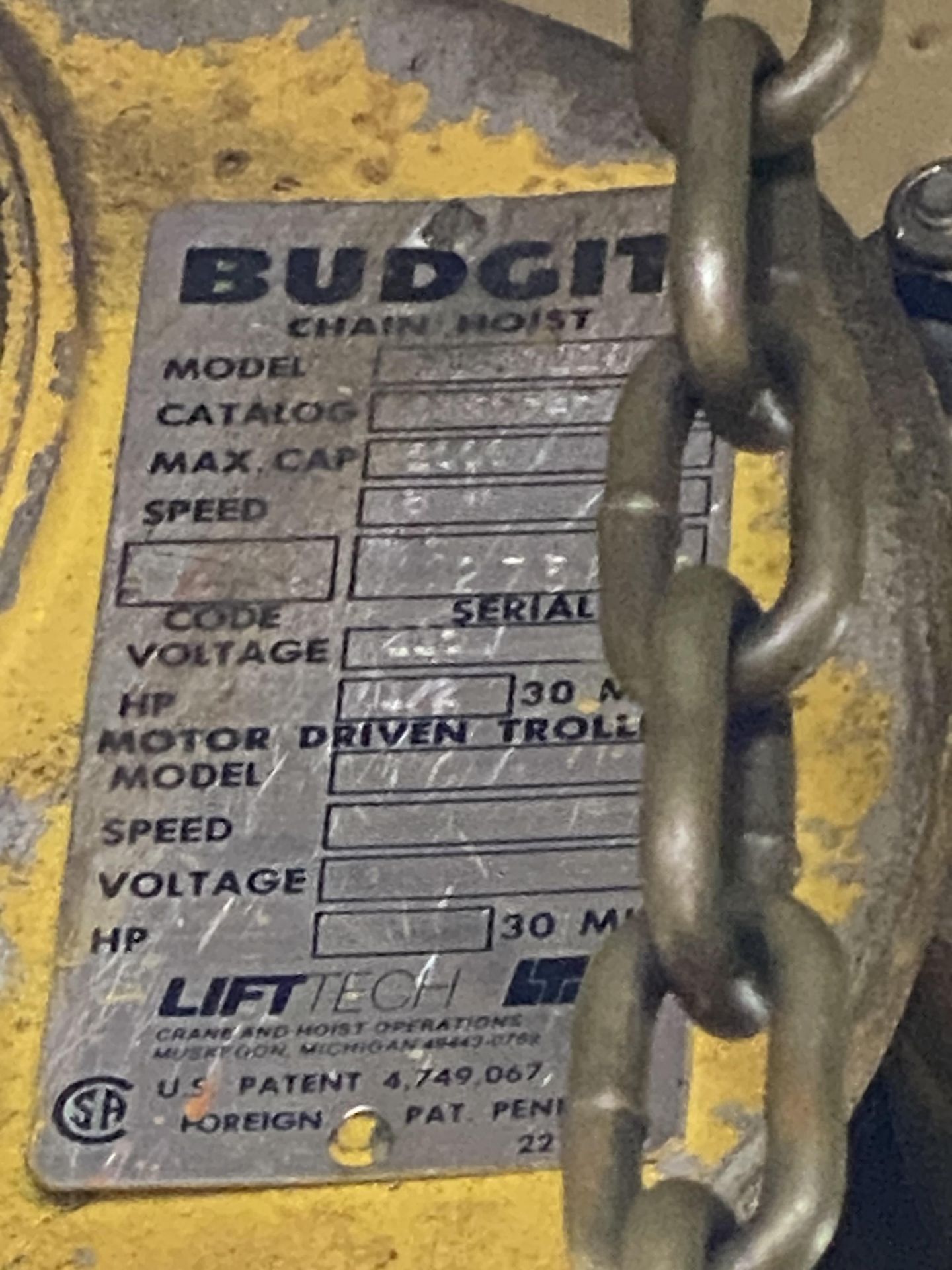 BUDGIT 1-TON HOIST W/ TROLLEY AND PENDANT CONTROL (RIGGING FEE $1,250 USD) - Image 2 of 2