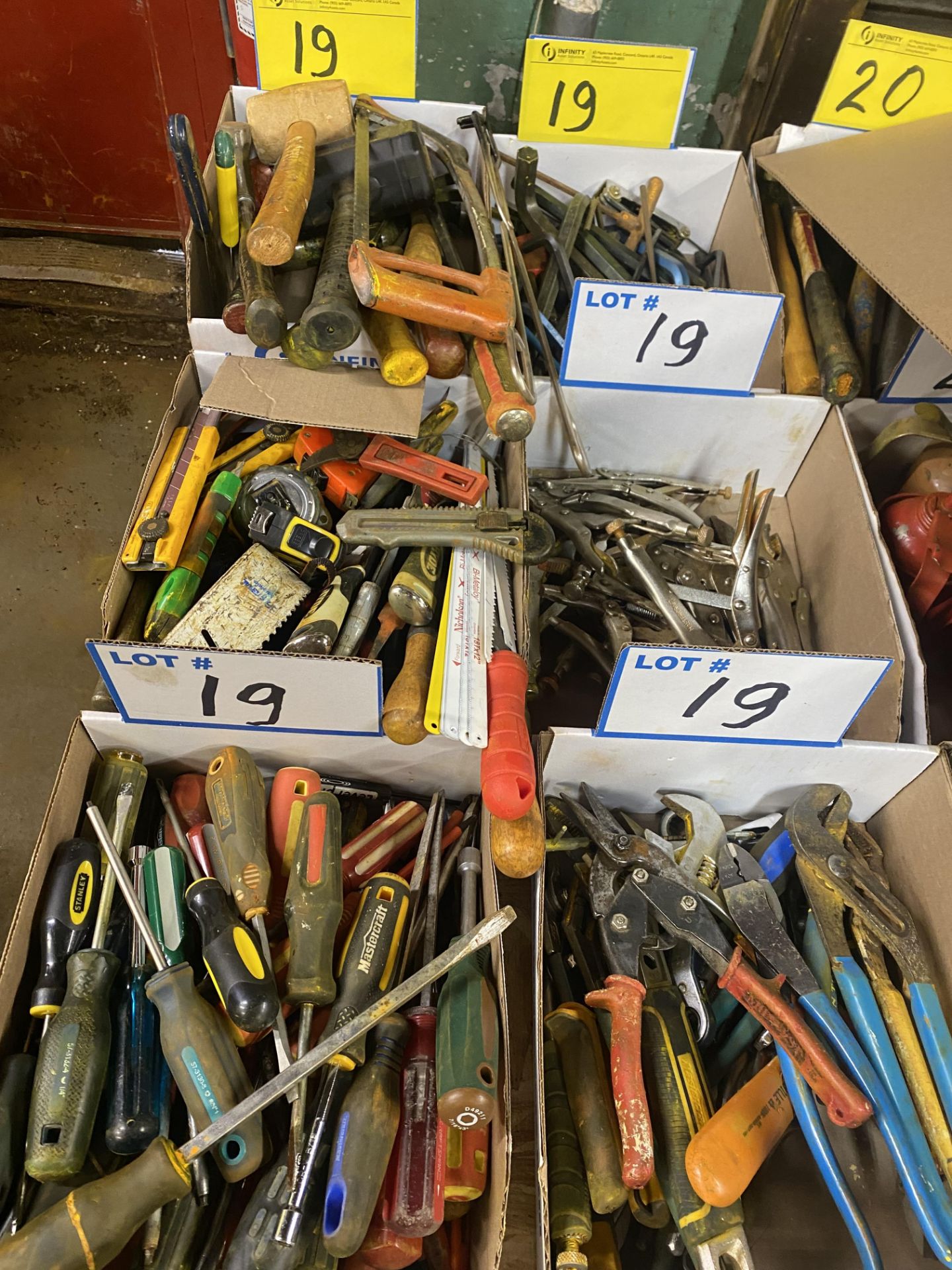 LOT OF (8) BOXES OF TOOLS, CHANNEL LOCKS, DRIVERS, VISE GRIPS, MALLOTS, ALLEN KEYS, MIXED TOOLS,