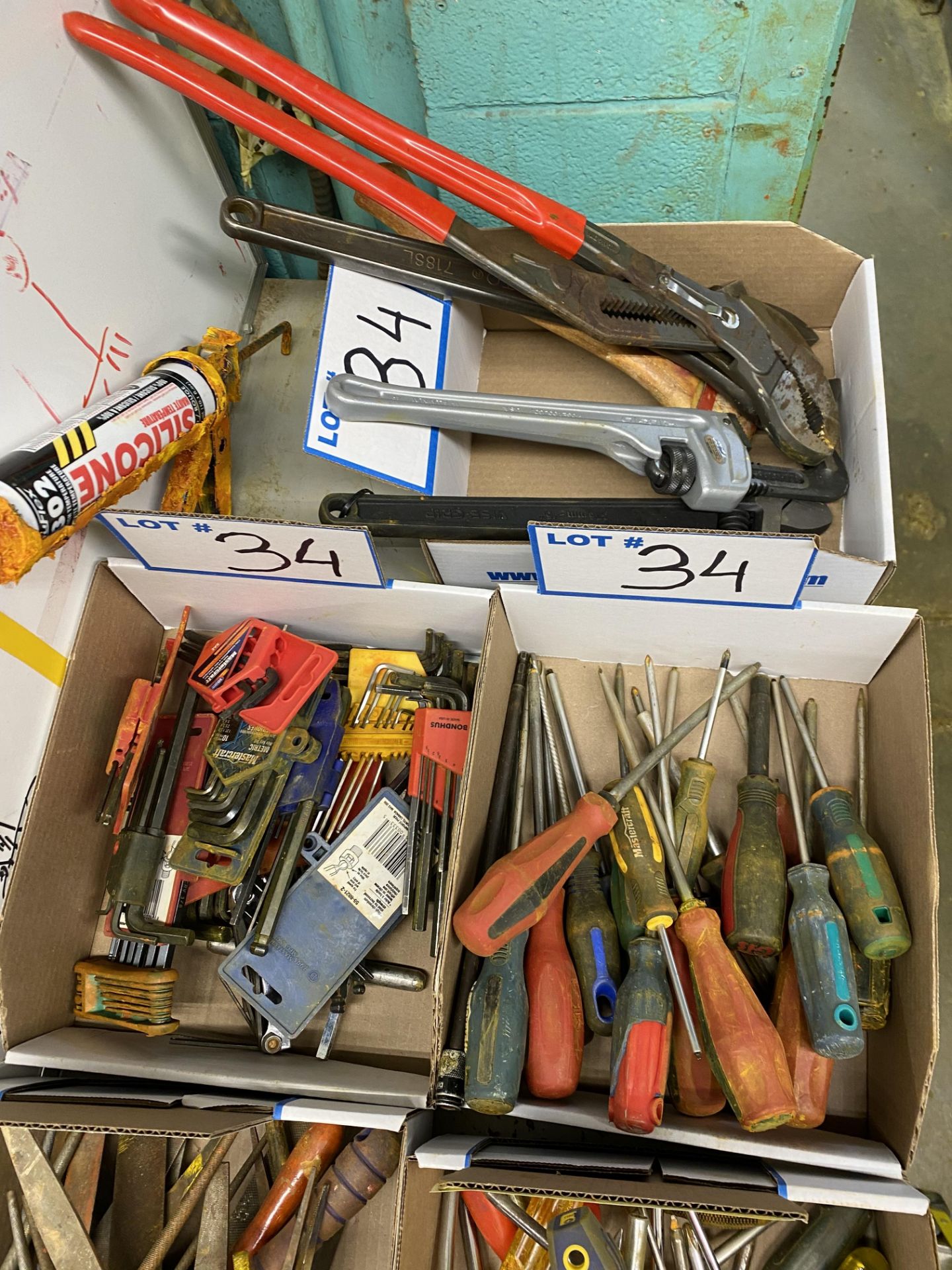 LOT OF (5) BOXES OF PIPE WRENCHES, CHANNEL LOCKS, AXE, DRIVERS, ALLEN KEYS, FILES - Image 3 of 3