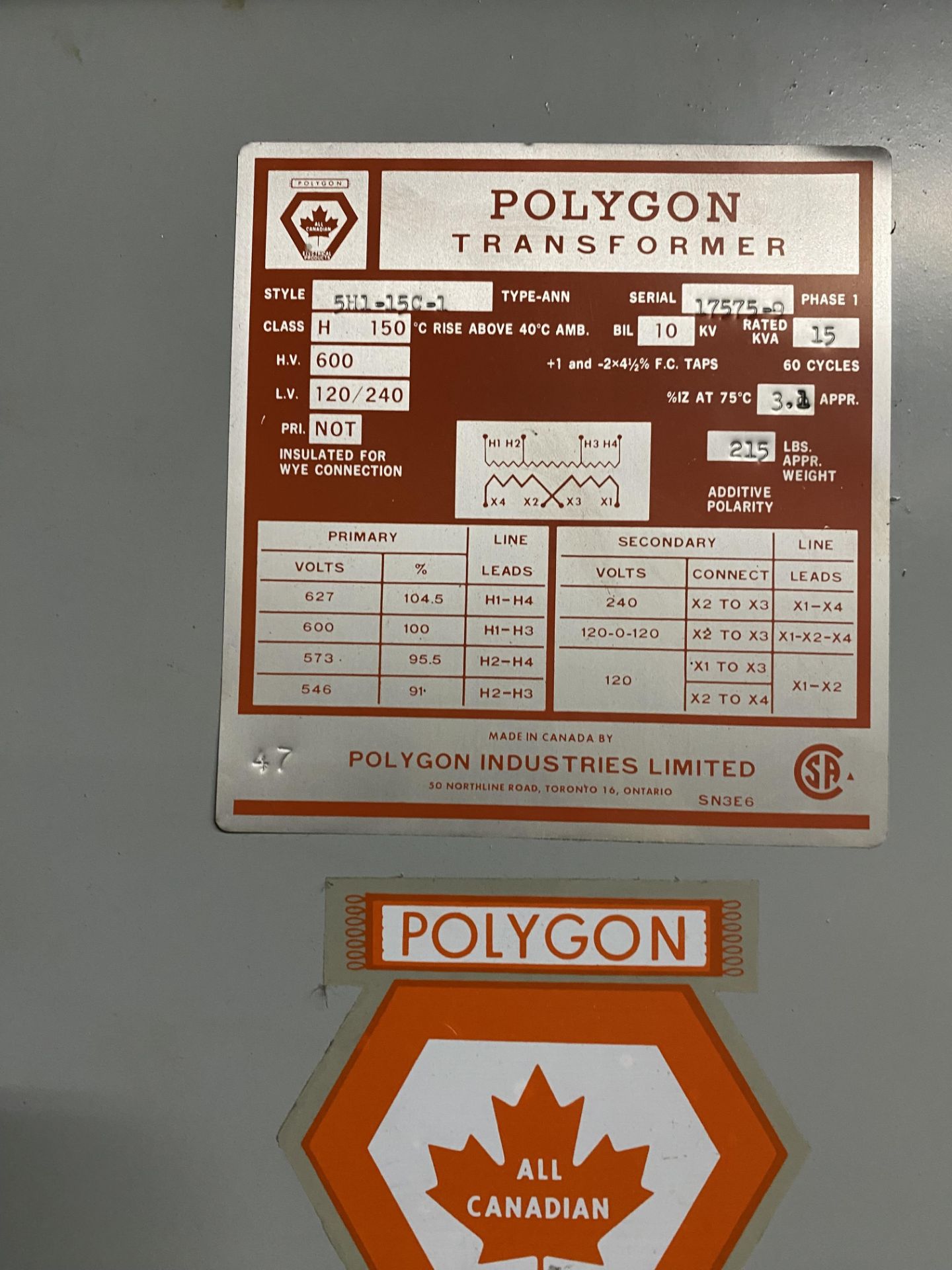 POLYGON TRANSFORMER, 15KVA, 600V TO 120/240V (RIGGING FEE $75 USD) - Image 2 of 2