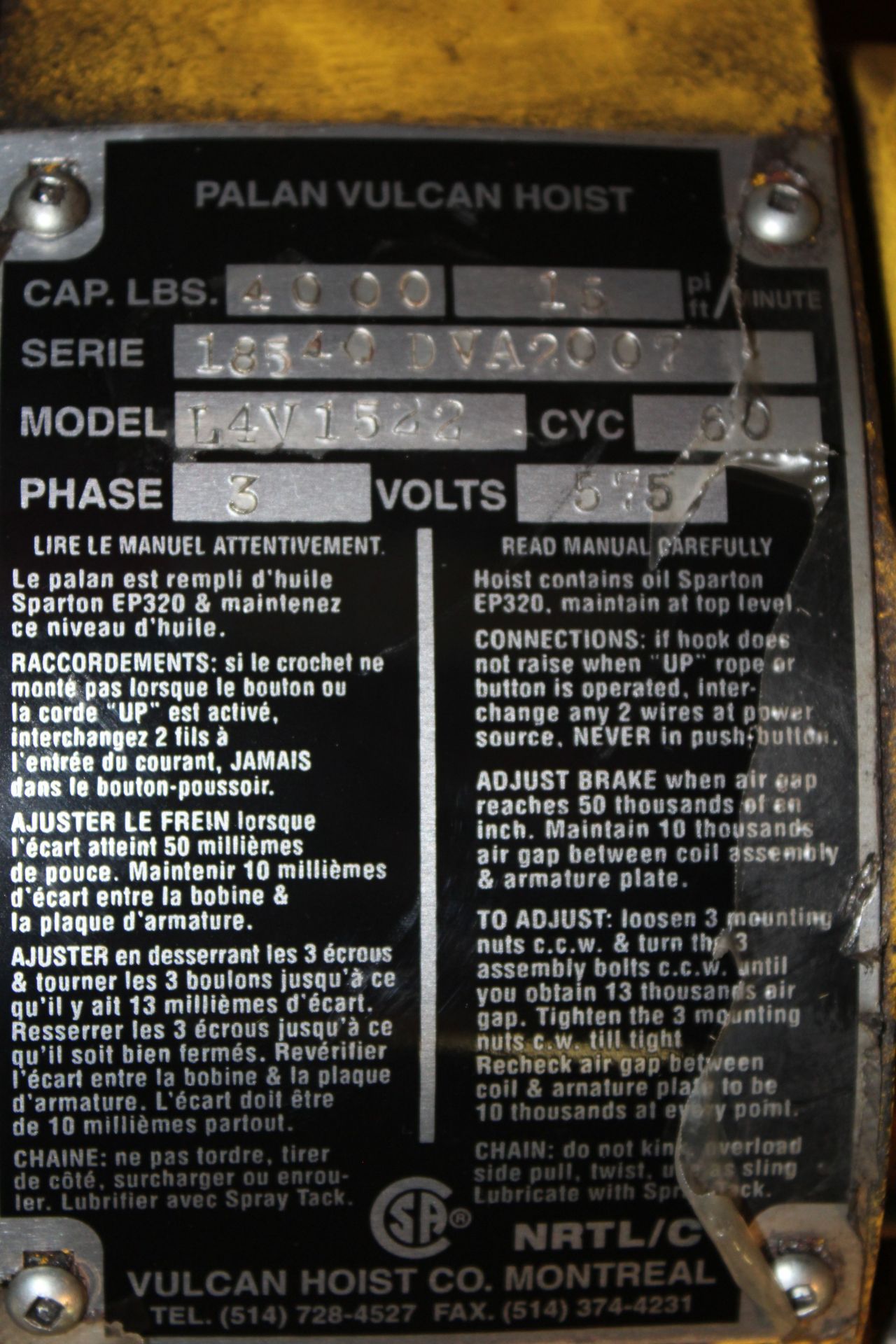 2-TON VULCAN ELECTRIC HOIST - Image 2 of 10